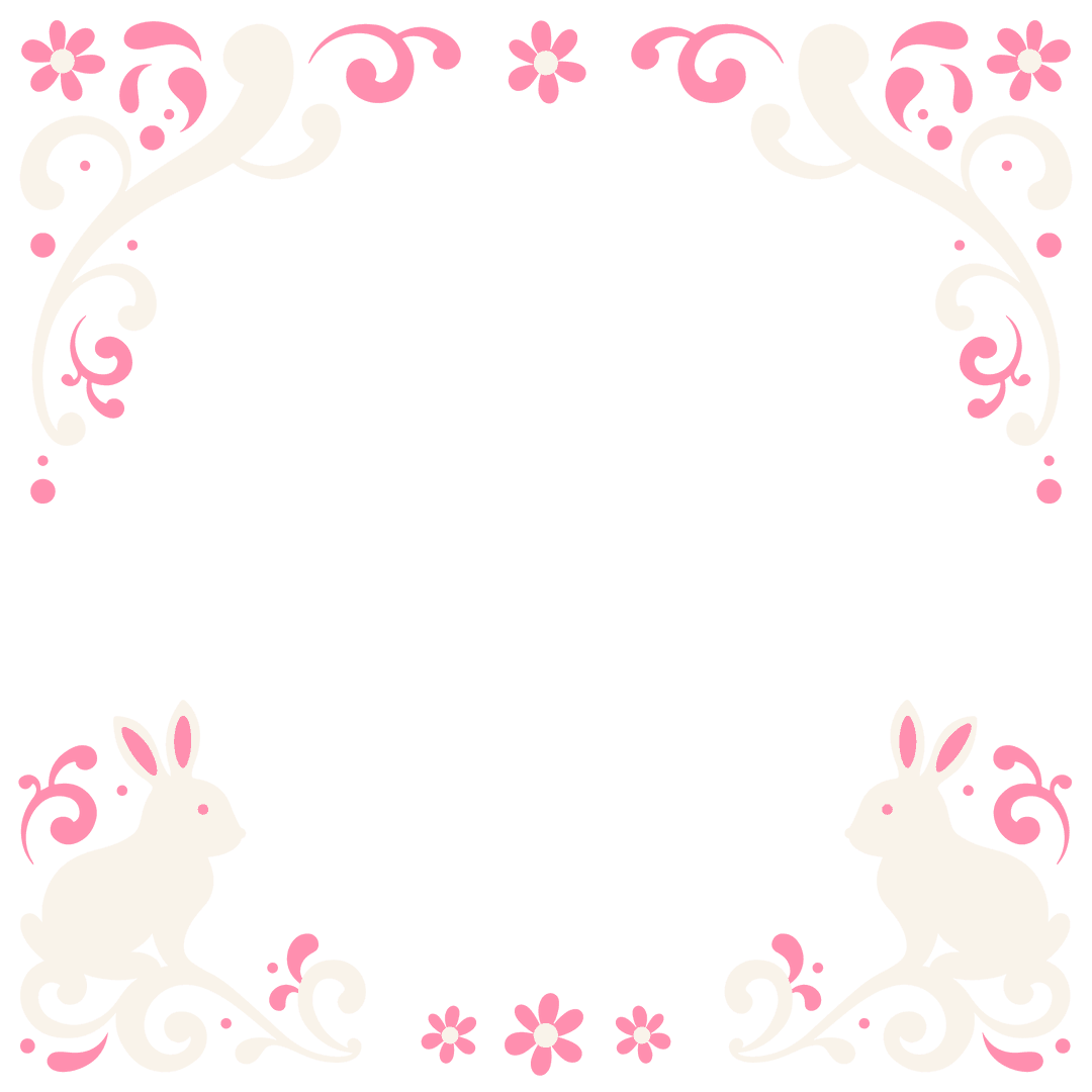 Ornamental Floral Swirl Frame with Rabbits and Flowers on Transparent Background