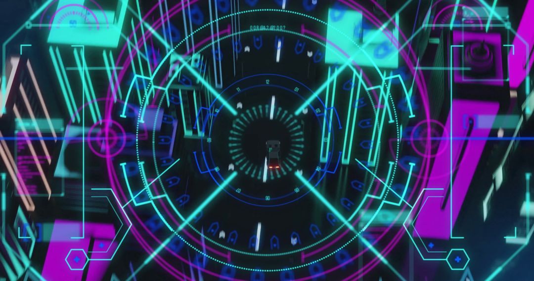 Futuristic Digital Scanner Overlaying Neon Cityscape