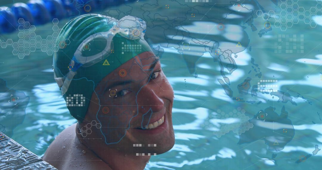 Smiling Swimmer with Technological Data Overlays at Pool Edge
