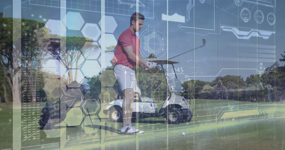 Golfer Preparing Swing with HUD Display on Fairway