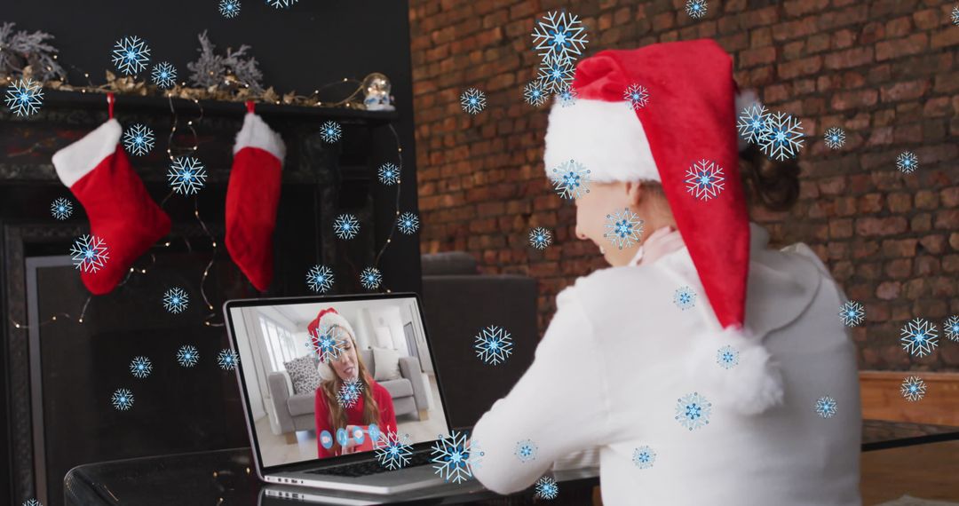 Girl Enjoying Virtual Christmas Call with Snowflake Animation