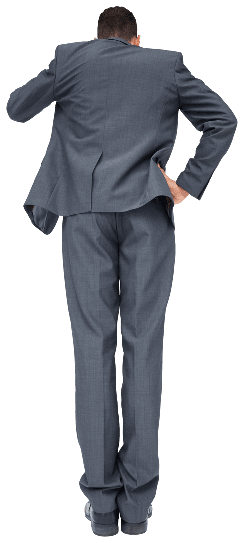 Caucasian Businessman Standing with Transparent Suit Back View