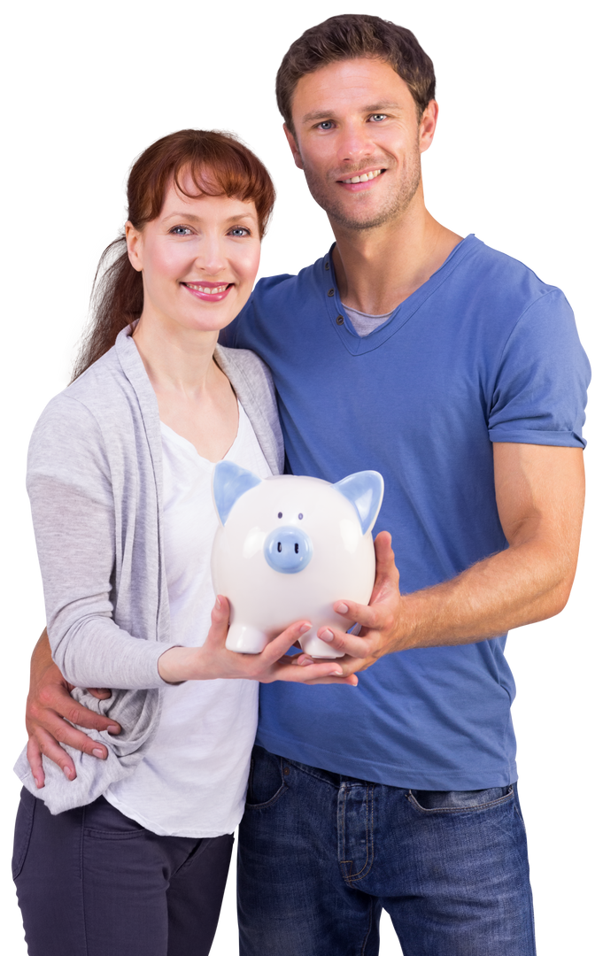 Happy couple holding white piggy bank showcasing financial planning on transparent background - Download Free Stock Images Pikwizard.com