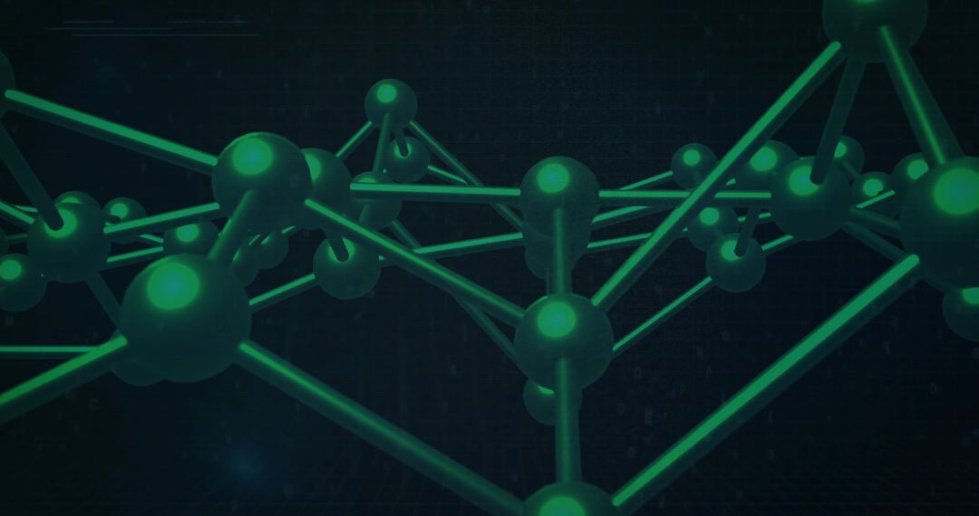 Futuristic green molecular network forming lattice with glowing spheres and linking rods