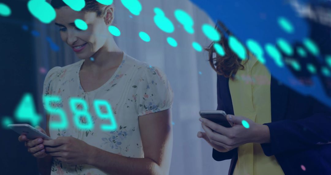 Two professionals using smartphones with teal data overlay in corporate lobby