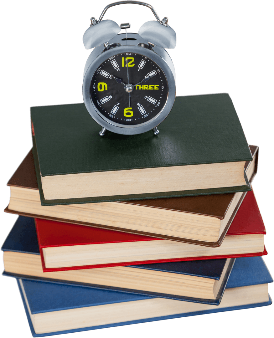 Transparent Alarm Clock on Stack of Books for Time Management Concept