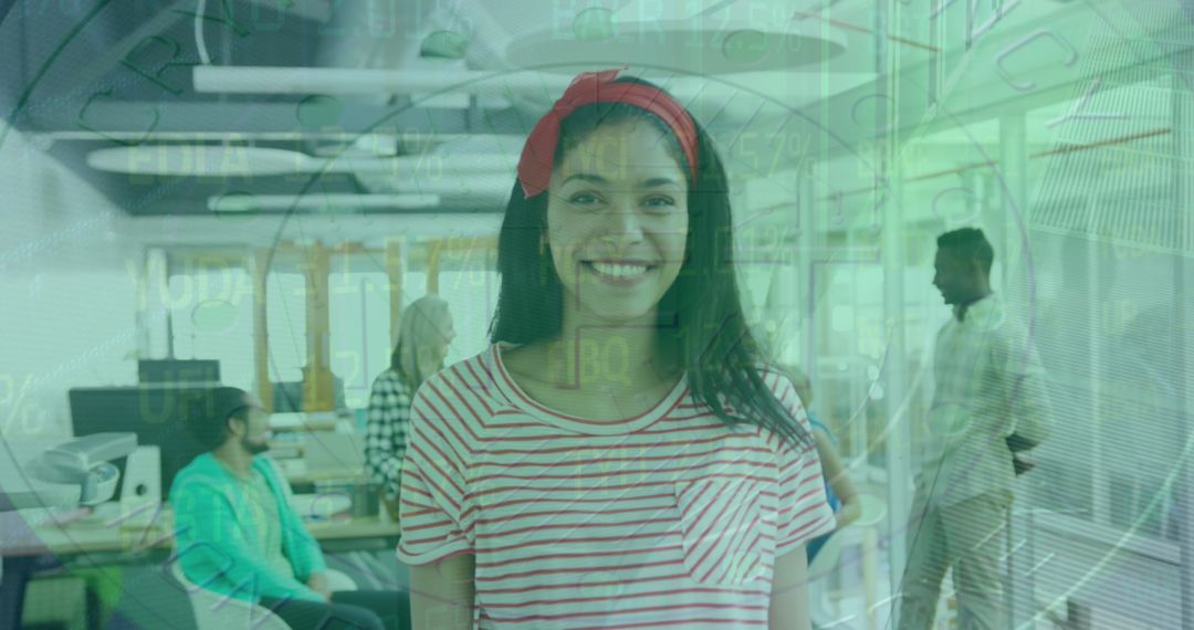 Smiling Woman in Modern Office Overlaid with Tech Elements