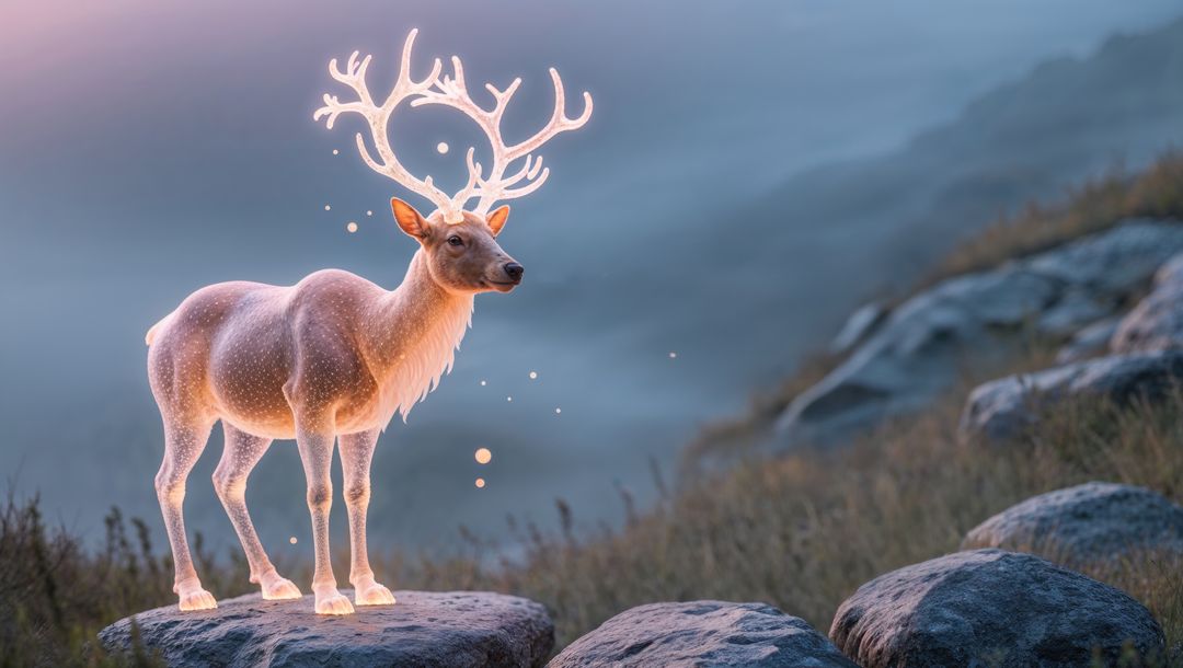 Ethereal Deer Creature with Luminescent Antlers on Mystical Hillside