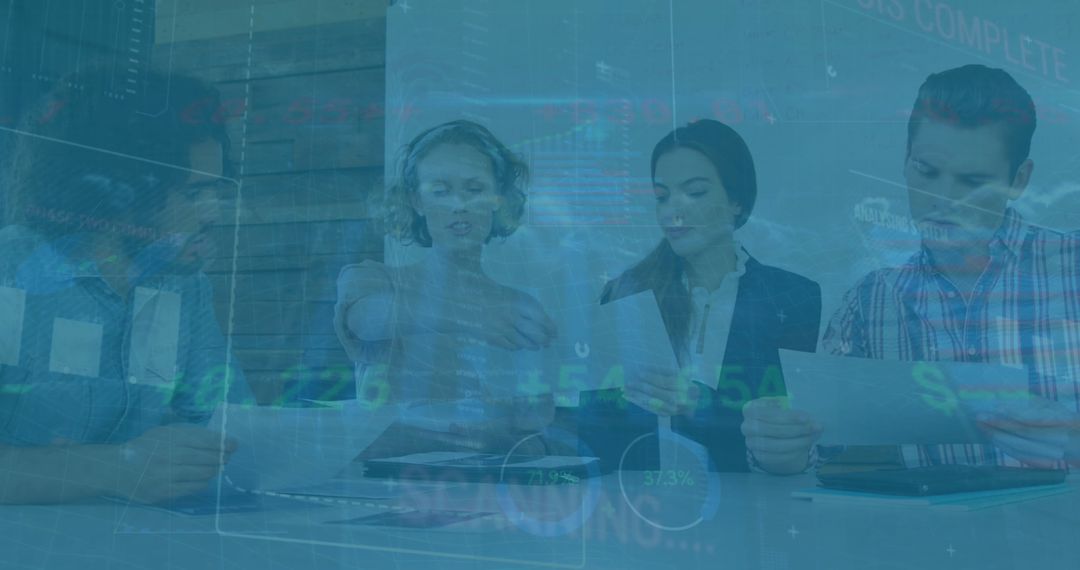 Business Team Analyzing Financial Reports and Stock Data in Meeting