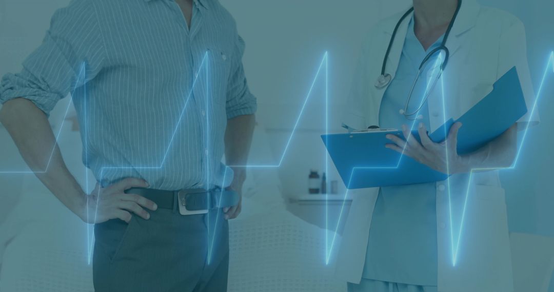 Doctor in scrubs examining patient and checking ECG waveform in clinic