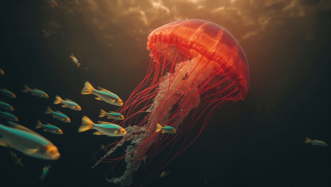 Bioluminescent Red Jellyfish with Yellow-Finned Fish Underwater