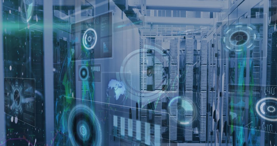 Digital Overlay on Network Servers With Tech Symbols and Data Flow