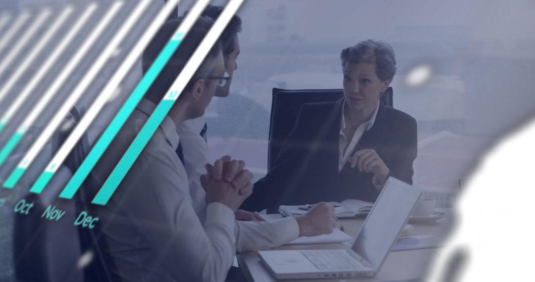 Diverse Team Discussing Strategy with Digital Data Overlay