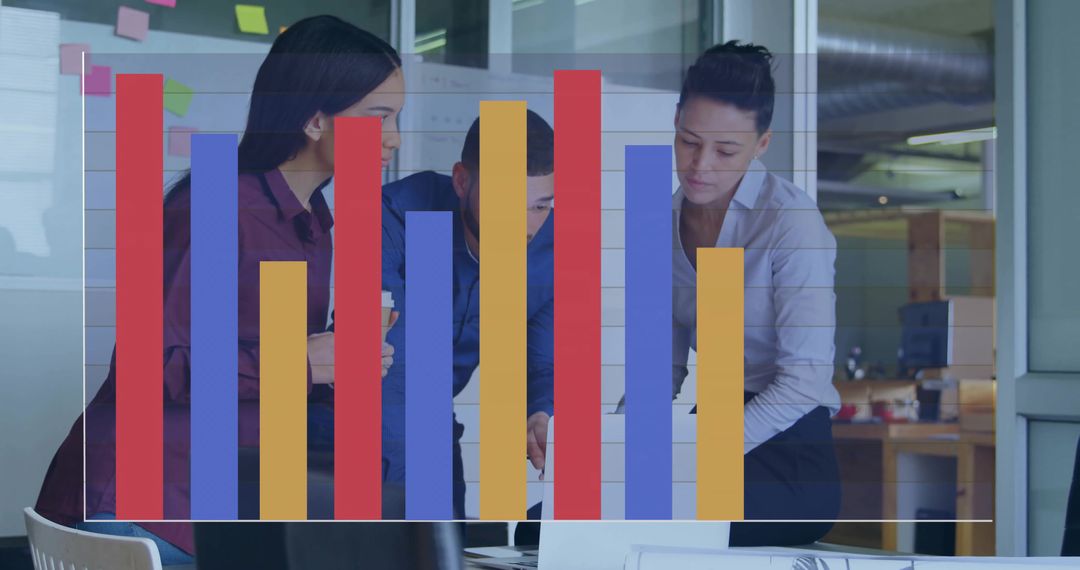 Team Collaborating Over Laptop with Colorful Bar Chart Overlay Showing Data Analysis