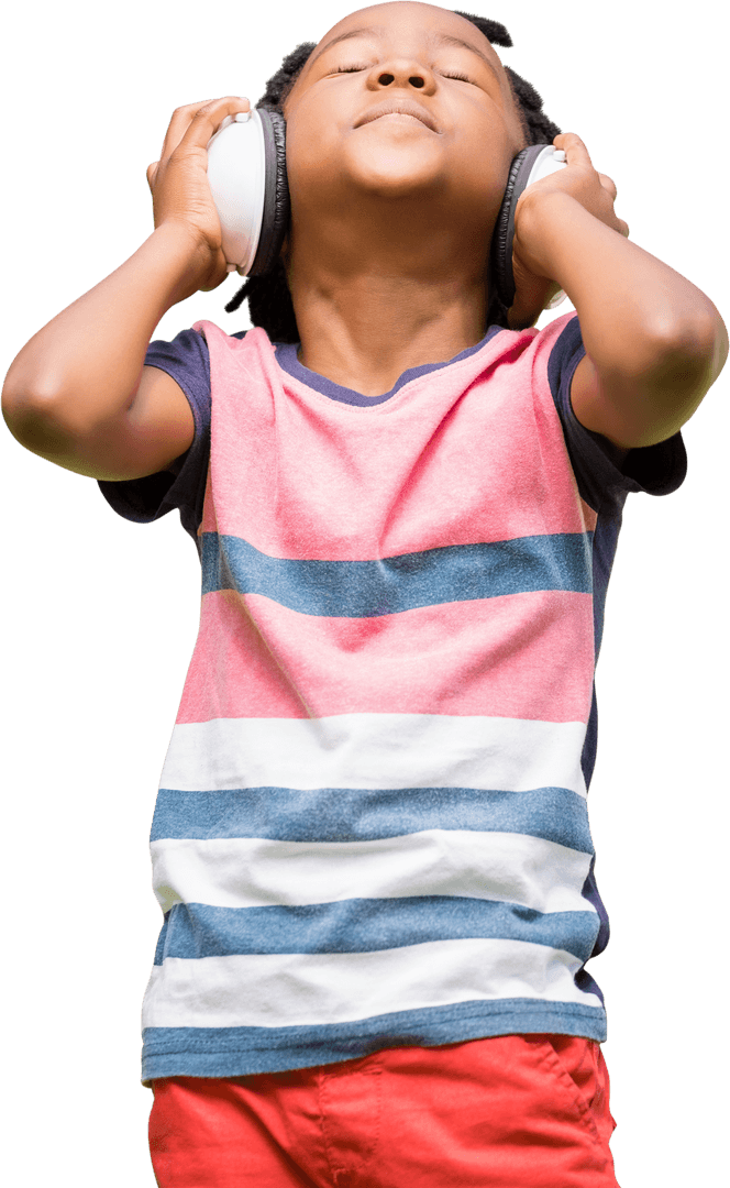 Joyful Child Listening to Music with Headphones Transparent Background