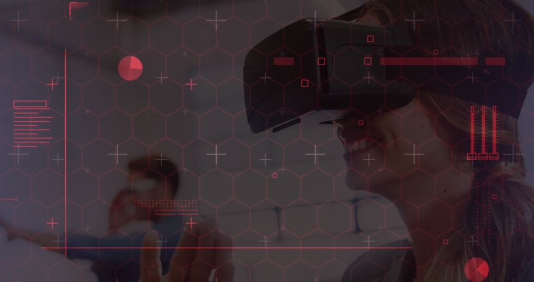 Woman Experiencing Virtual Reality with Futuristic Interface Overlay