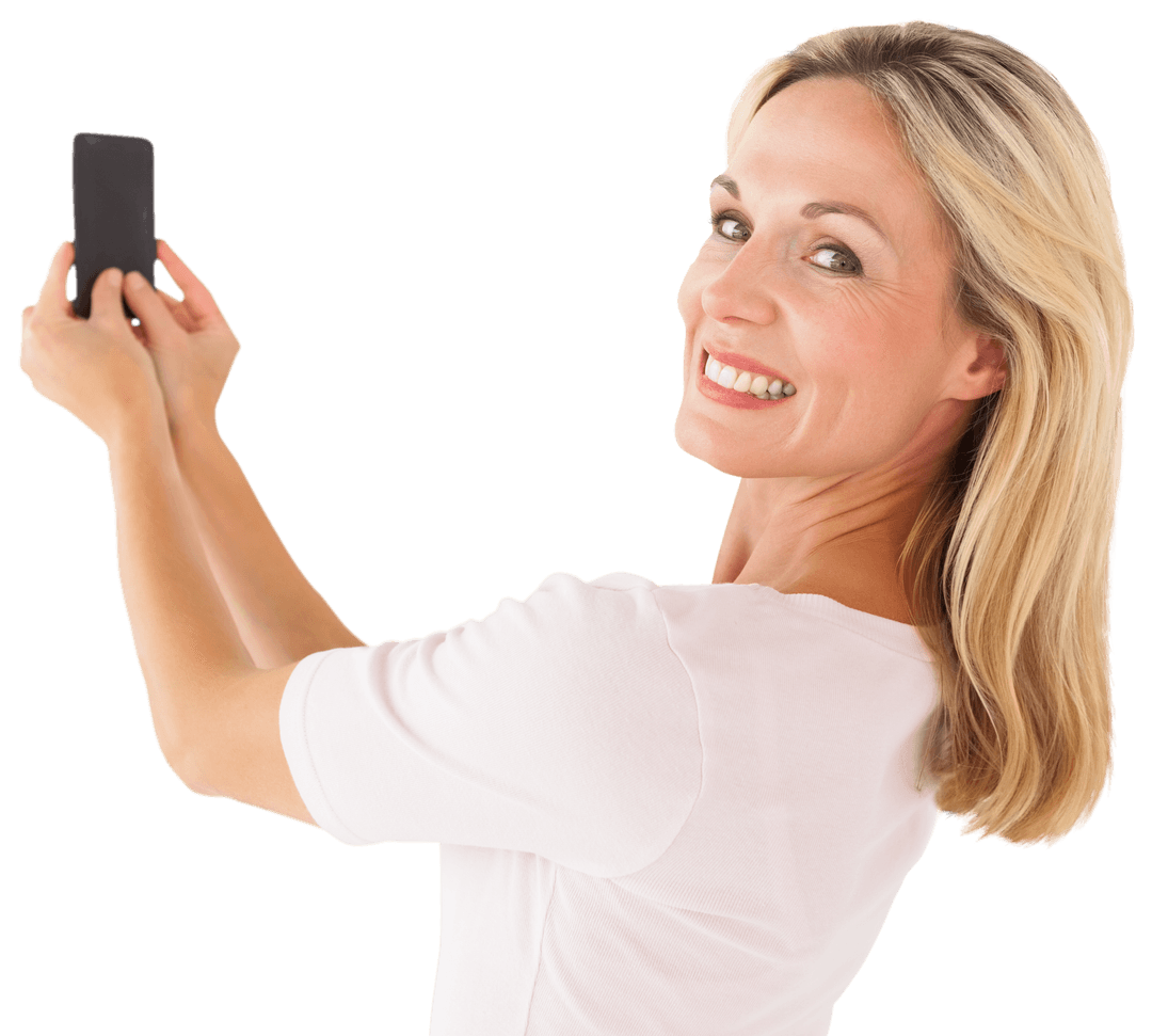 Smiling Blonde Woman Using Phone on Transparent Background