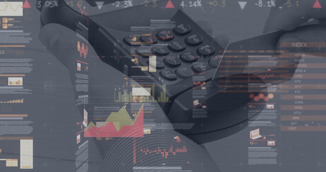 Financial Data Overlay with Payment Terminal in Hand