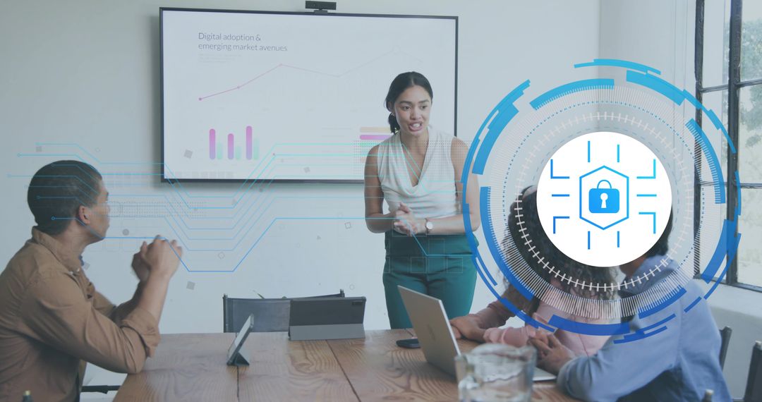 Presenting cybersecurity strategy with augmented reality lock overlay in boardroom meeting