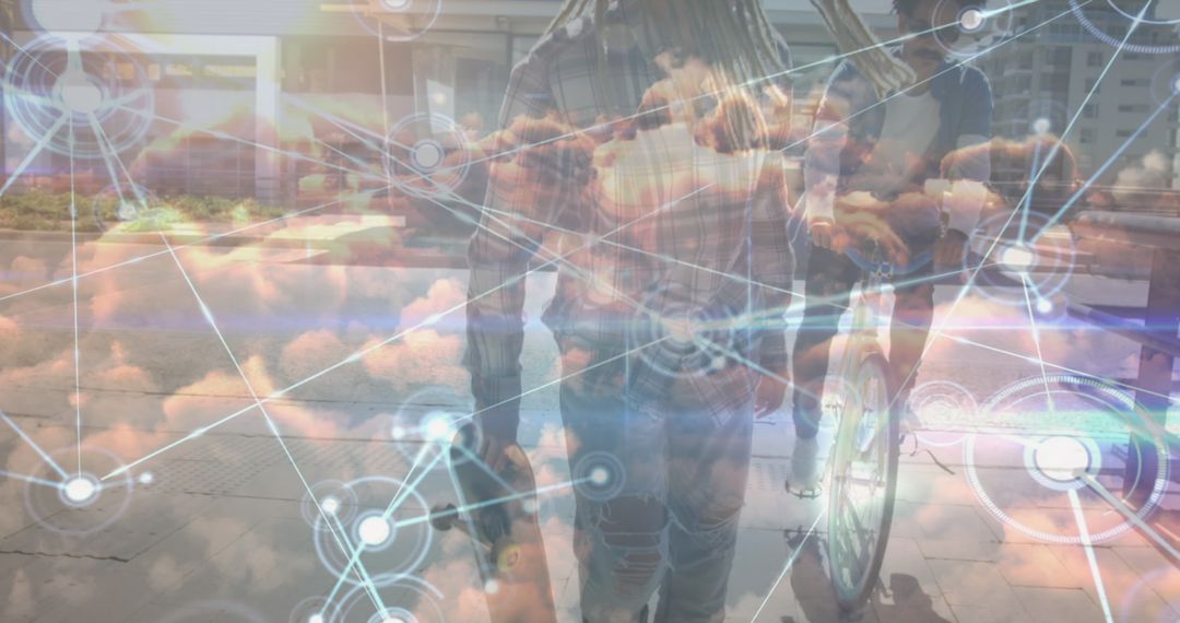 Surreal Technology Concept with Man Skateboarding Amidst Digital Connections