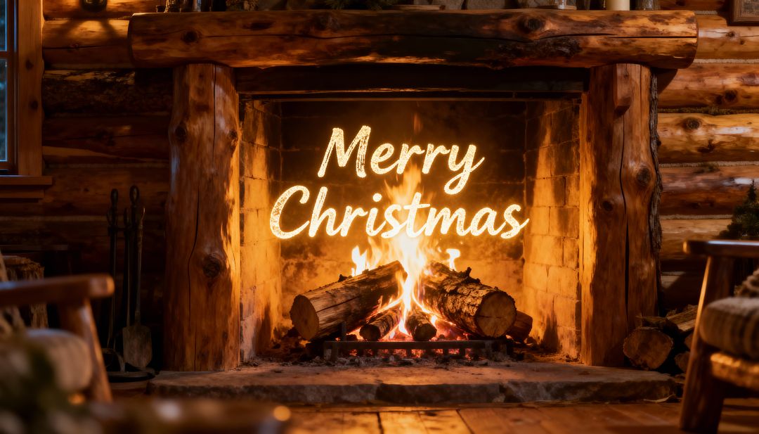 Crackling Log Cabin Fireplace with Glowing Merry Christmas Script and Cozy Rustic Hearth
