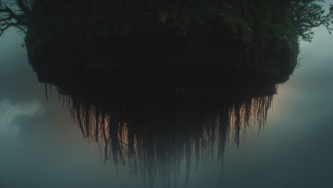 Surreal Floating Island with Veiled Roots in Mystical Fog