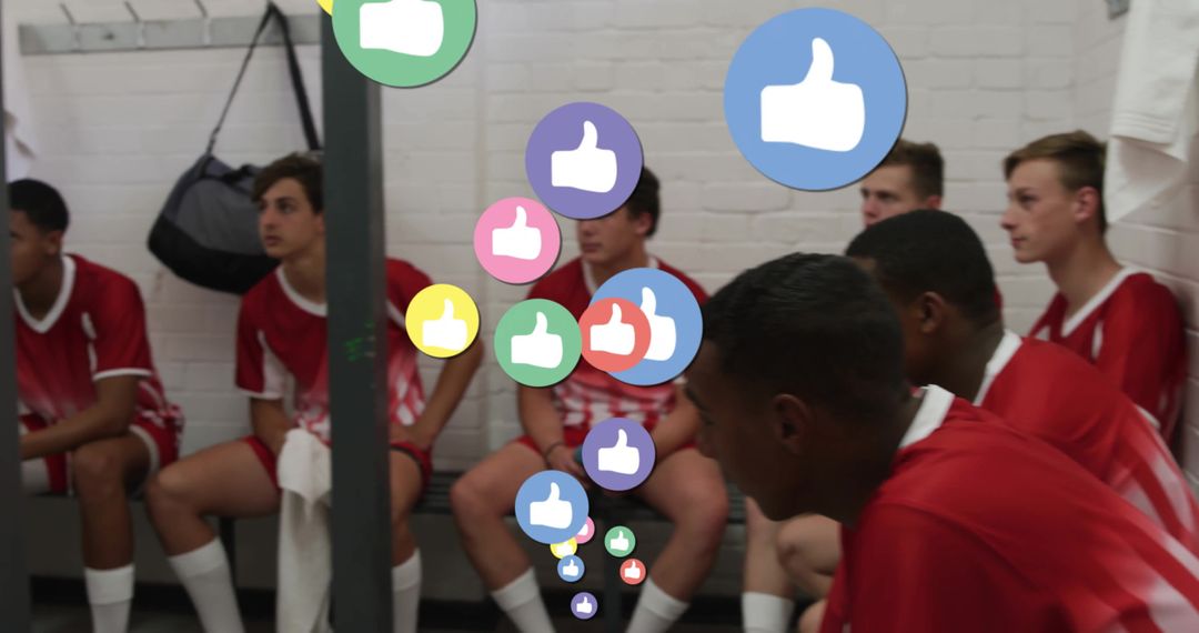 Teen Soccer Players Relaxing with Virtual Approval in Locker Room