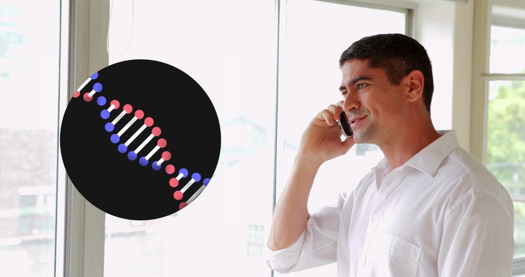 Smiling Businessman Discussing DNA Innovation Near Window
