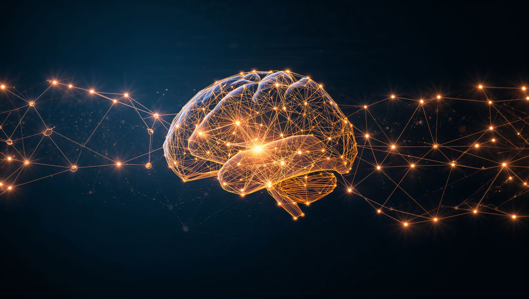 Glowing Neural Network Brain Wireframe Connecting Nodes for AI Technology Concept