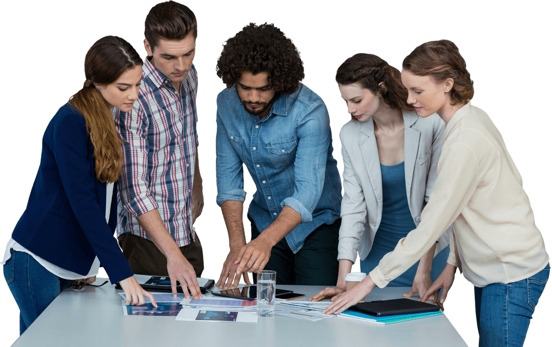 Focused Group Collaborating Around Tablet on Transparent Surface