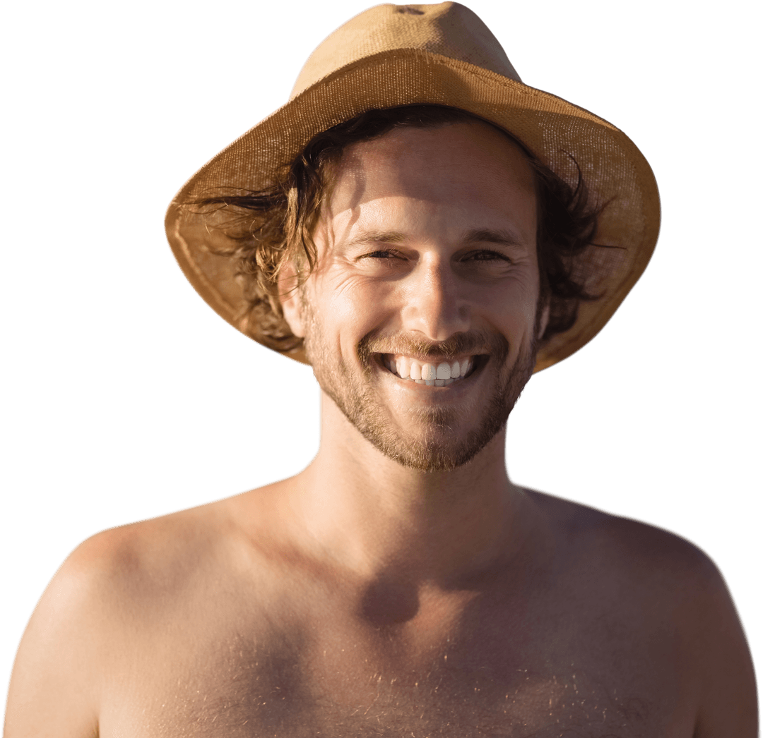 Smiling Guy in Beach Hat on Transparent Background
