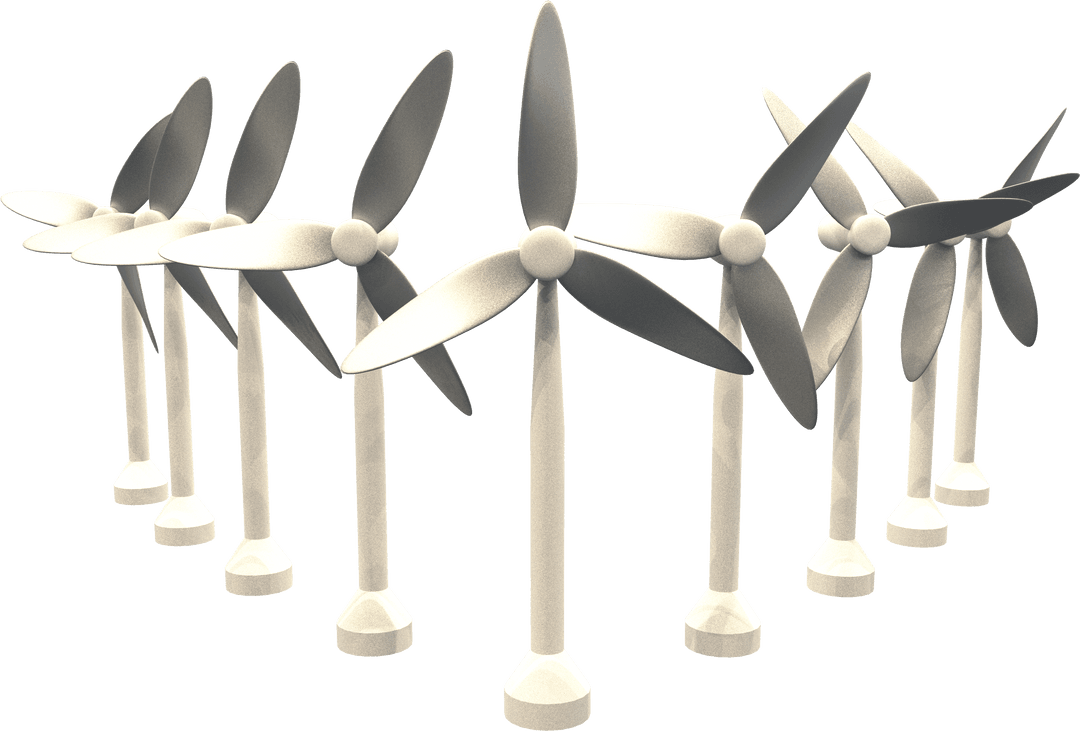 Row of White Windmills on Transparent Background, Wind Energy Concept