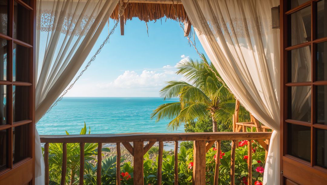 Framing open balcony view revealing turquoise ocean, palm trees, wooden railing and sheer curtains