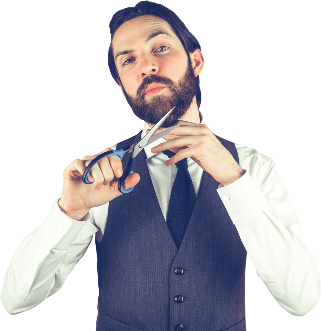 Transparent Businessman Cutting Beard with Scissors Confidently