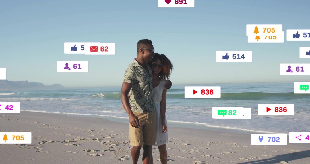 Happy Couple on Beach with Social Media Icons Floating