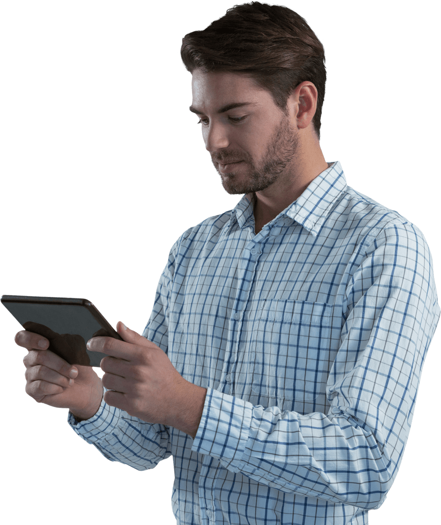 Transparent Man Using Digital Tablet Focused Professional