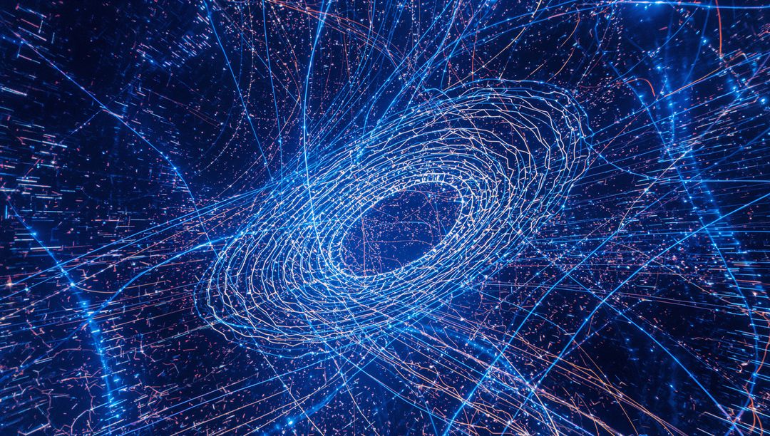 Rotating Blue Torus Vortex Pulsing Neon Rings with Particles and Orange Trails