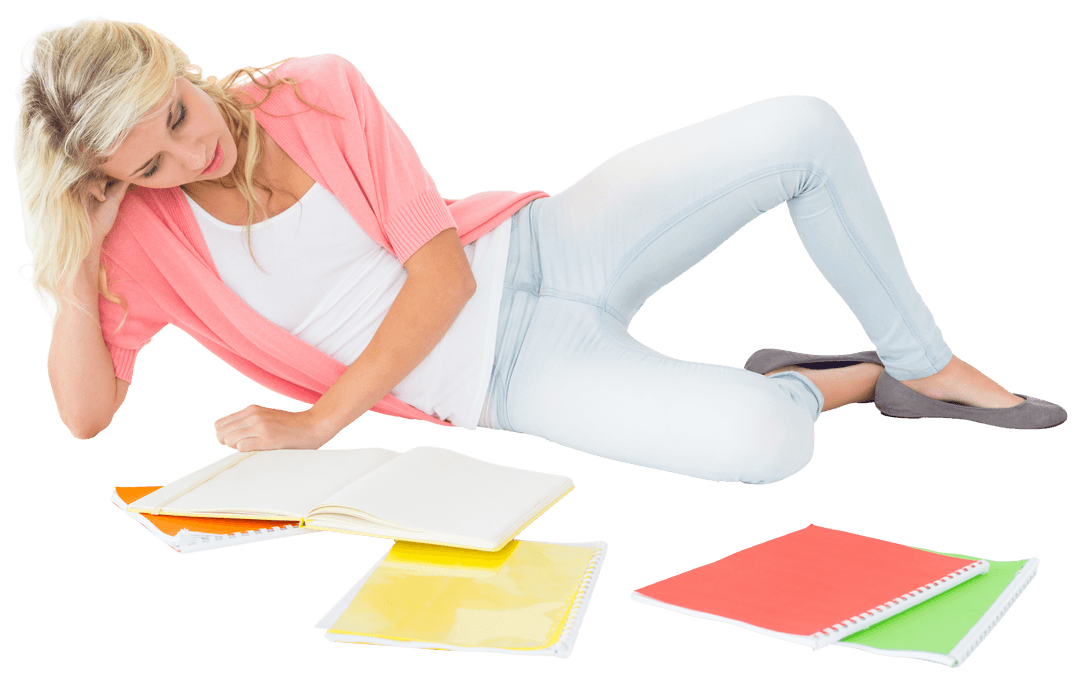 Caucasian Woman Lying with Notebooks on Transparent Background