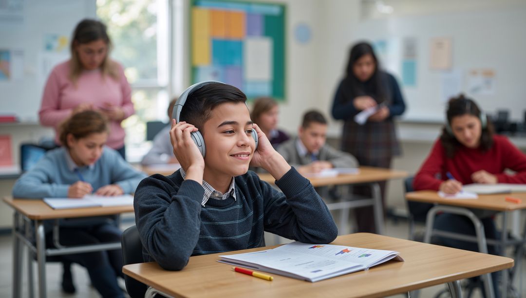 Smiling Student Using Headphones in Classroom Setting