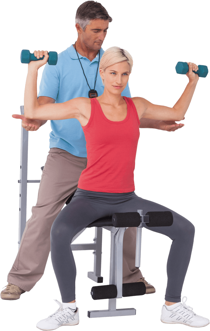 Transparent Personal Trainer Guiding Client Lifting Dumbbells