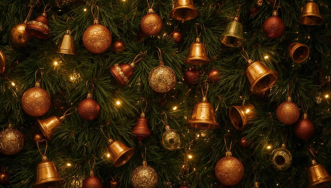 Copper and Gold Ornaments Hanging on Evergreen Branches with Warm Twinkling Lights