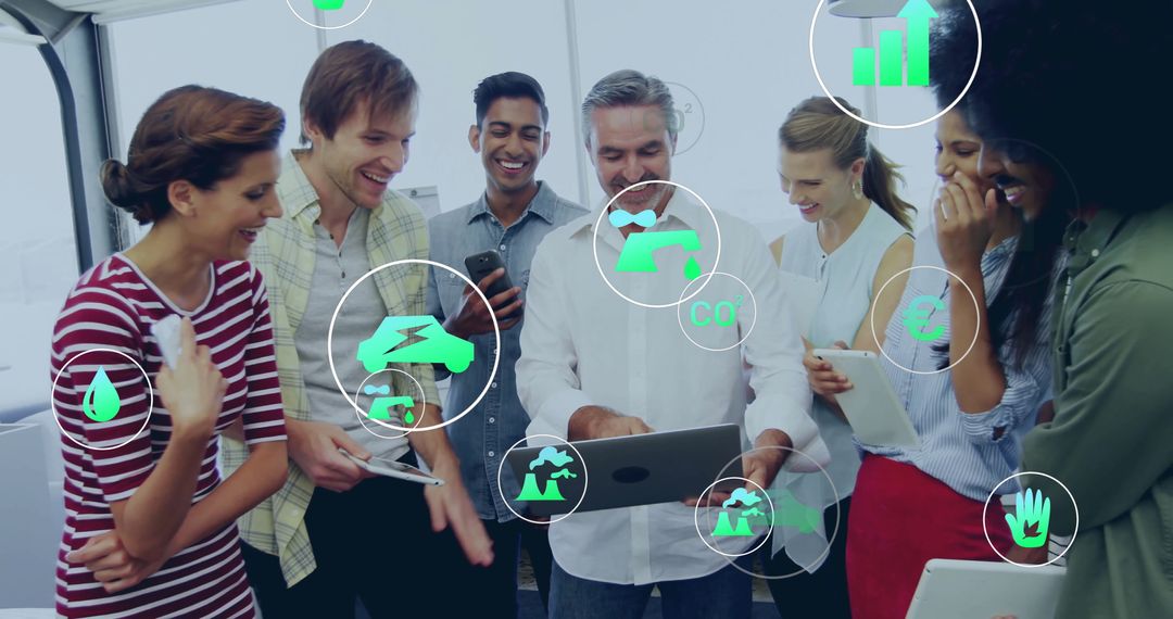 Diverse Business Team Analyzing Eco-Friendly Data in Modern Office