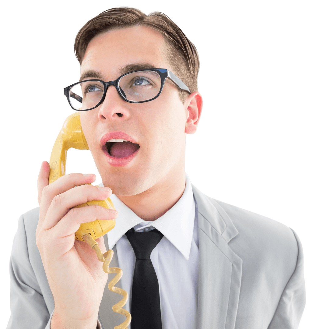 Transparent Geeky Businessman Talking on Vintage Rotary Phone