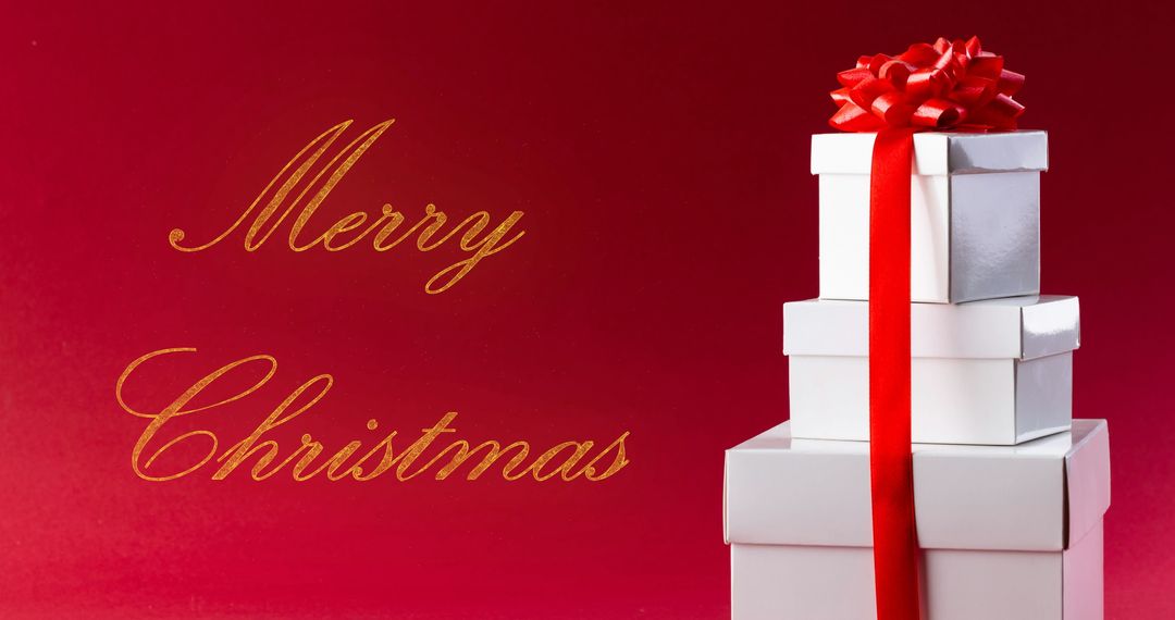 Merry Christmas Message with Stack of Gift Boxes on Red Background