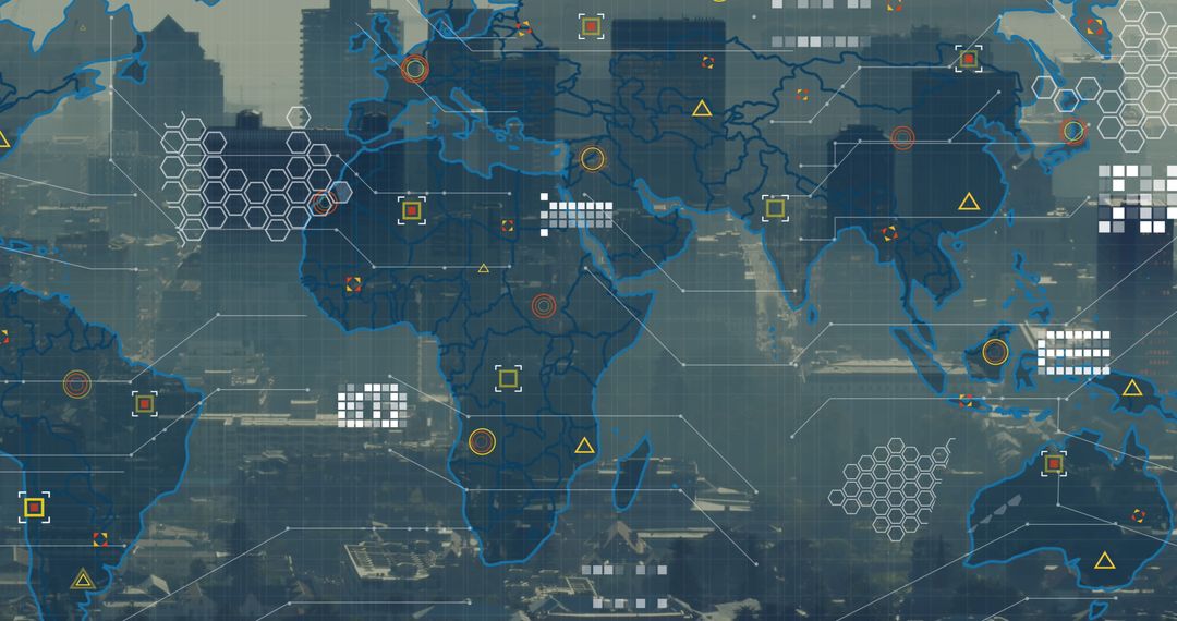 Futuristic Digital Map Overlay on Urban Cityscape