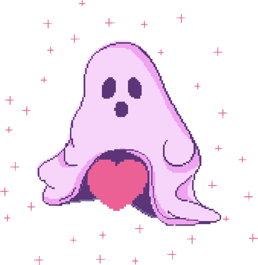 Whimsical Pixel Art Ghost Holding Heart on Transparent Background