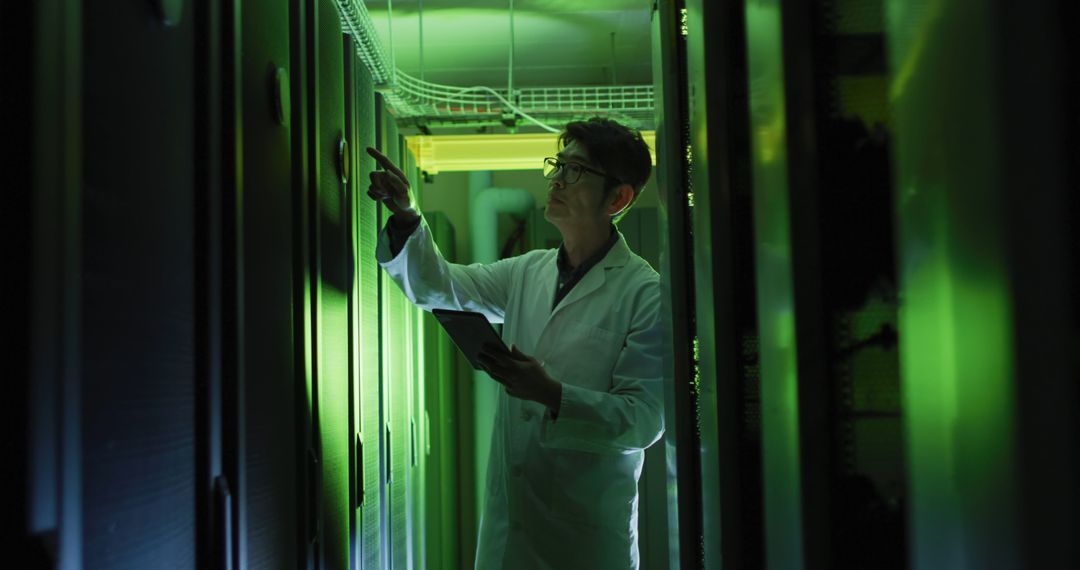 Scientist Working in Data Center with Green Lighting - Free Images, Stock Photos and Pictures on Pikwizard.com