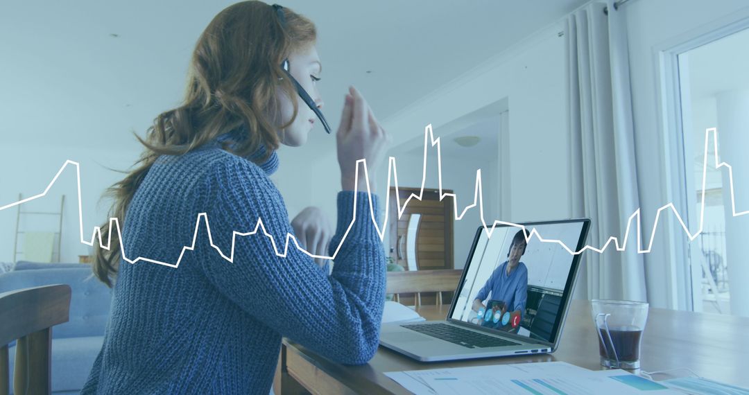 Woman in Virtual Meeting with Data Analytics Overlay at Home Office