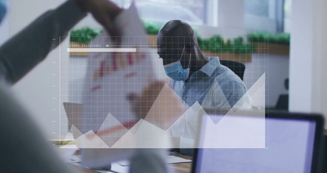 Masked Professionals Analyzing Financial Data with Graph Overlay