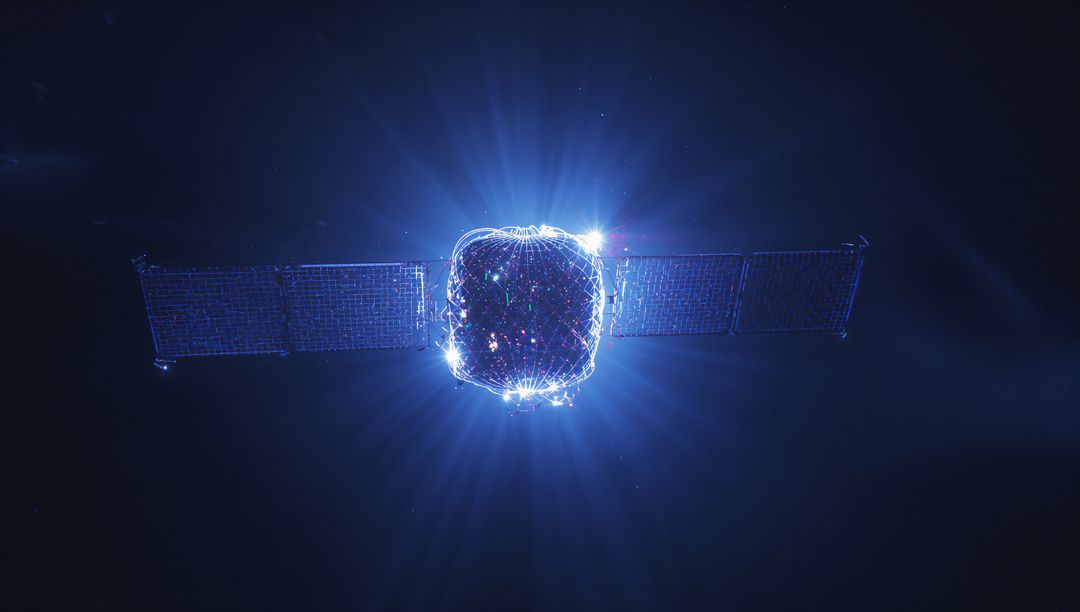 Glowing Cube-Shaped Satellite Emitting Blue Light in Deep Space